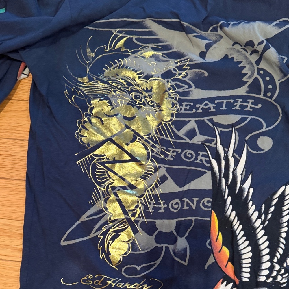 Ed Hardy by Christian Audigier Gildan Blue Tee with Gold Graphic - Picture 5 of 6
